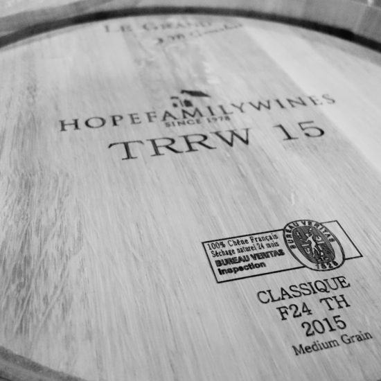 Hope family wines barrel with branding