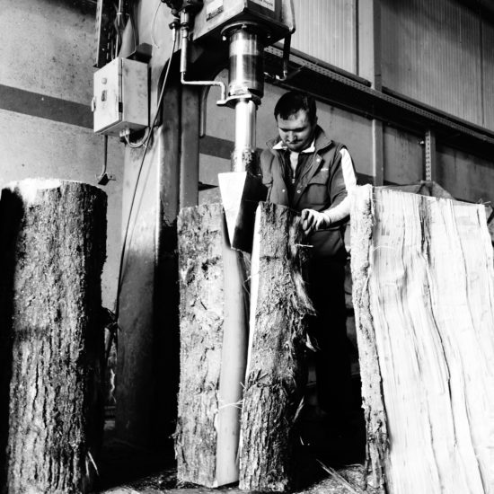 man splitting logs in factory